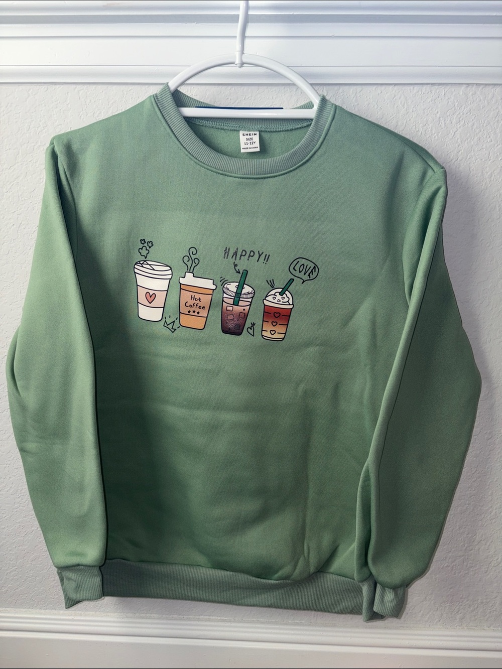 SHEIN Sage Green Crewneck Sweatshirt with Happy Coffee Cup Print